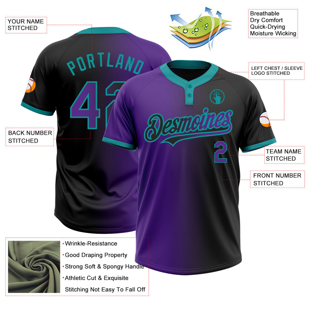 Custom Black Purple-Teal Gradient Fashion Two-Button Unisex Softball Jersey view 3