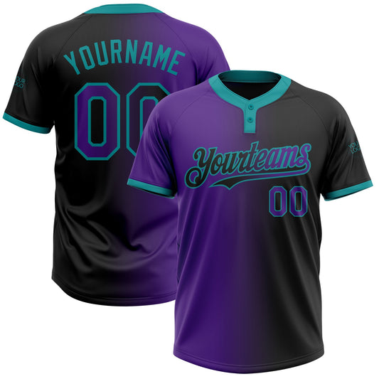 Custom Black Purple-Teal Gradient Fashion Two-Button Unisex Softball Jersey - Main View