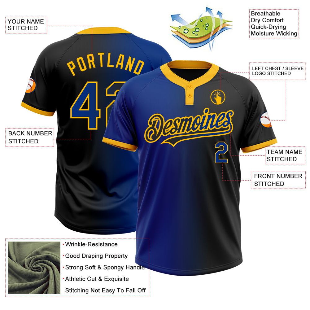 Custom Black Royal-Gold Gradient Fashion Two-Button Unisex Softball Jersey view 3