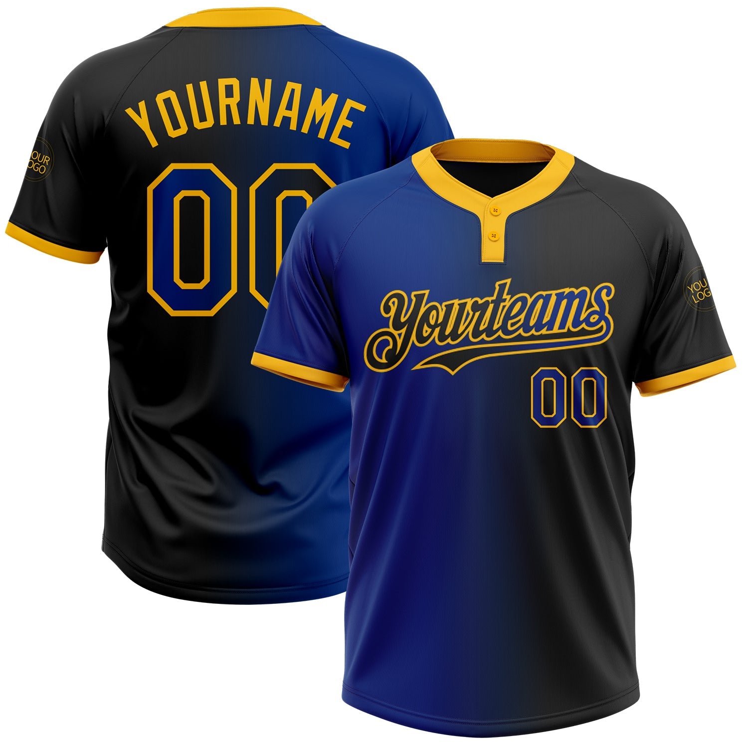 Custom Black Royal-Gold Gradient Fashion Two-Button Unisex Softball Jersey - Main View