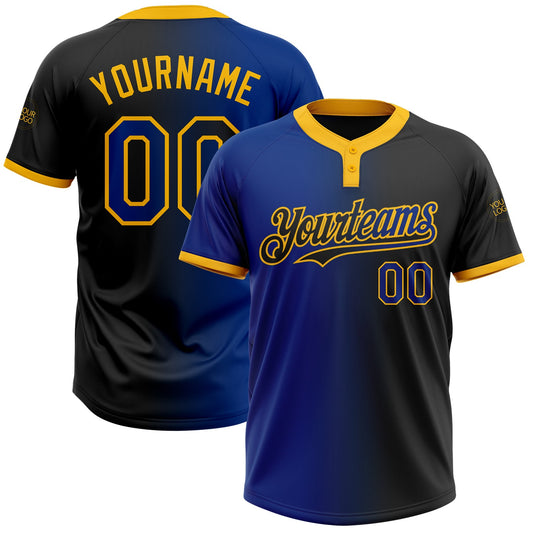 Custom Black Royal-Gold Gradient Fashion Two-Button Unisex Softball Jersey - Main View
