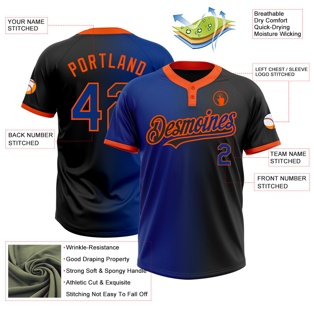 Custom Black Royal-Orange Gradient Fashion Two-Button Unisex Softball Jersey view 3