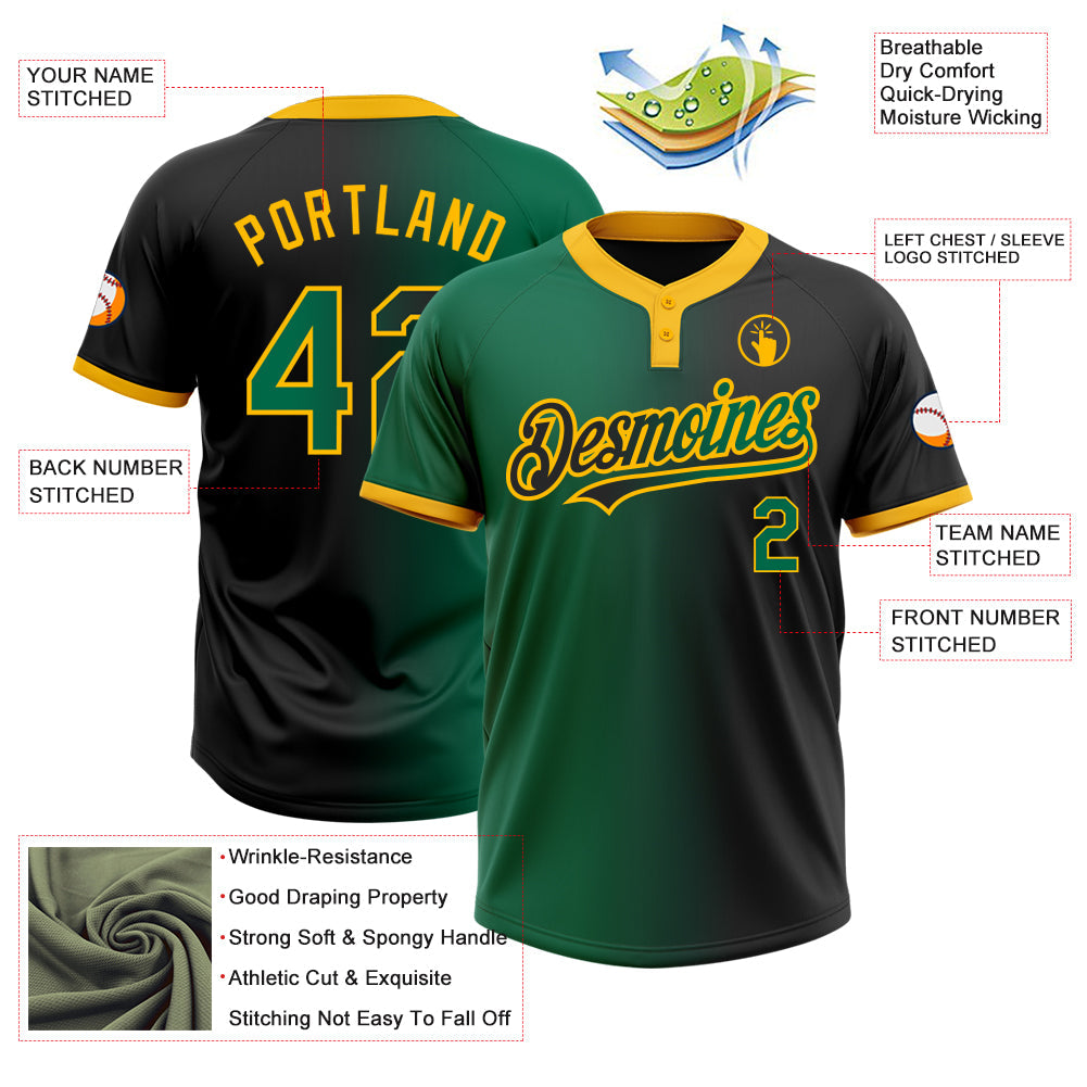 Custom Black Kelly Green-Gold Gradient Fashion Two-Button Unisex Softball Jersey view 3