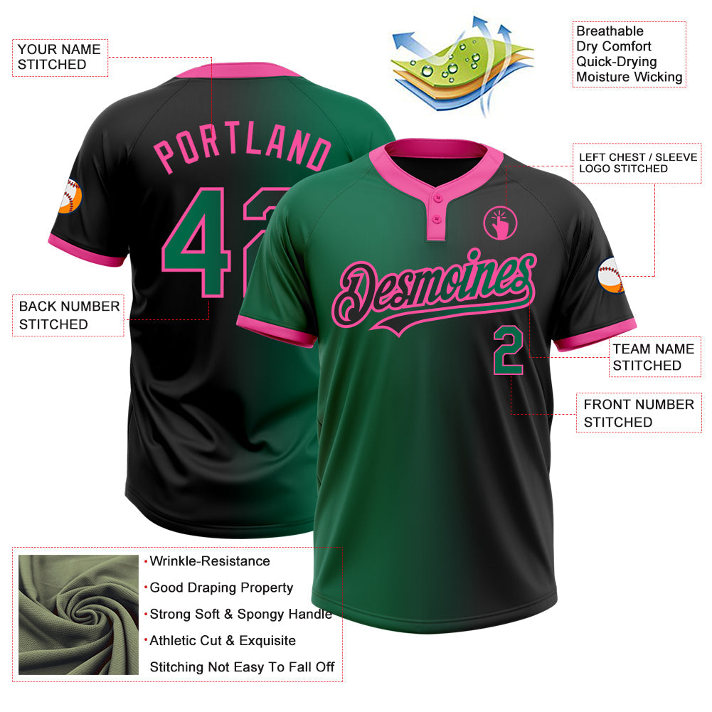 Custom Black Kelly Green-Pink Gradient Fashion Two-Button Unisex Softball Jersey view 3