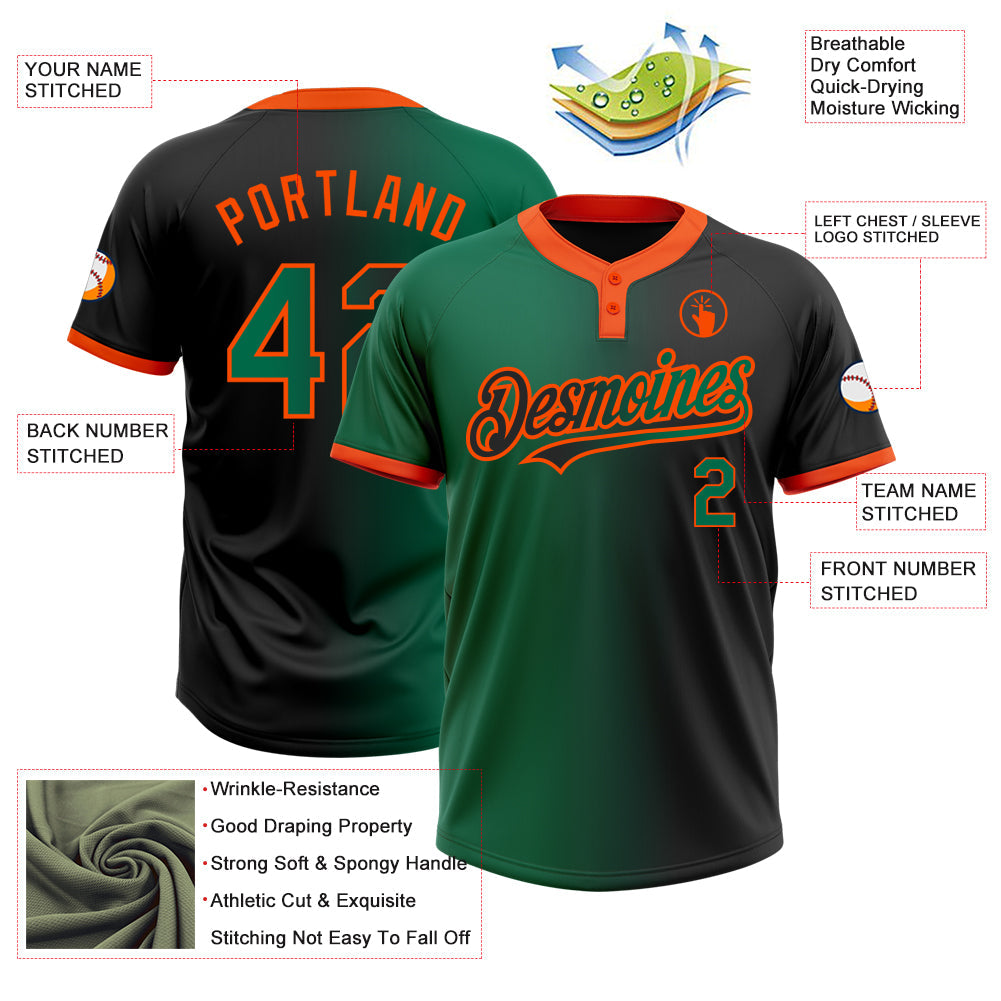 Custom Black Kelly Green-Orange Gradient Fashion Two-Button Unisex Softball Jersey view 3