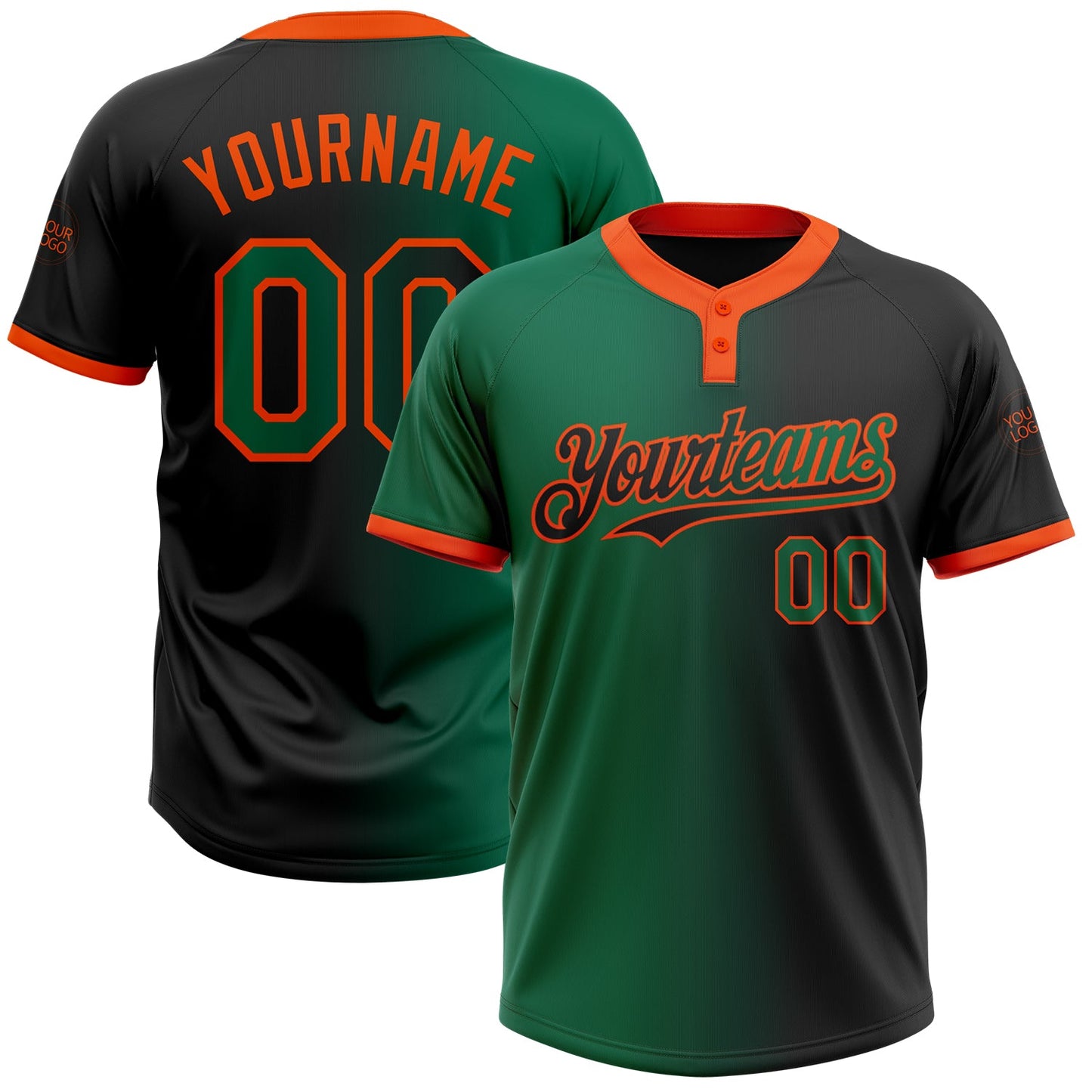 Custom Black Kelly Green-Orange Gradient Fashion Two-Button Unisex Softball Jersey - Main View