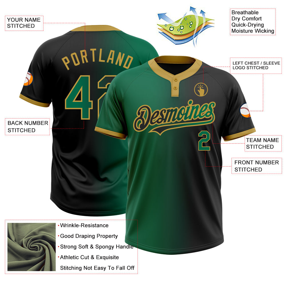 Custom Black Kelly Green-Old Gold Gradient Fashion Two-Button Unisex Softball Jersey view 3