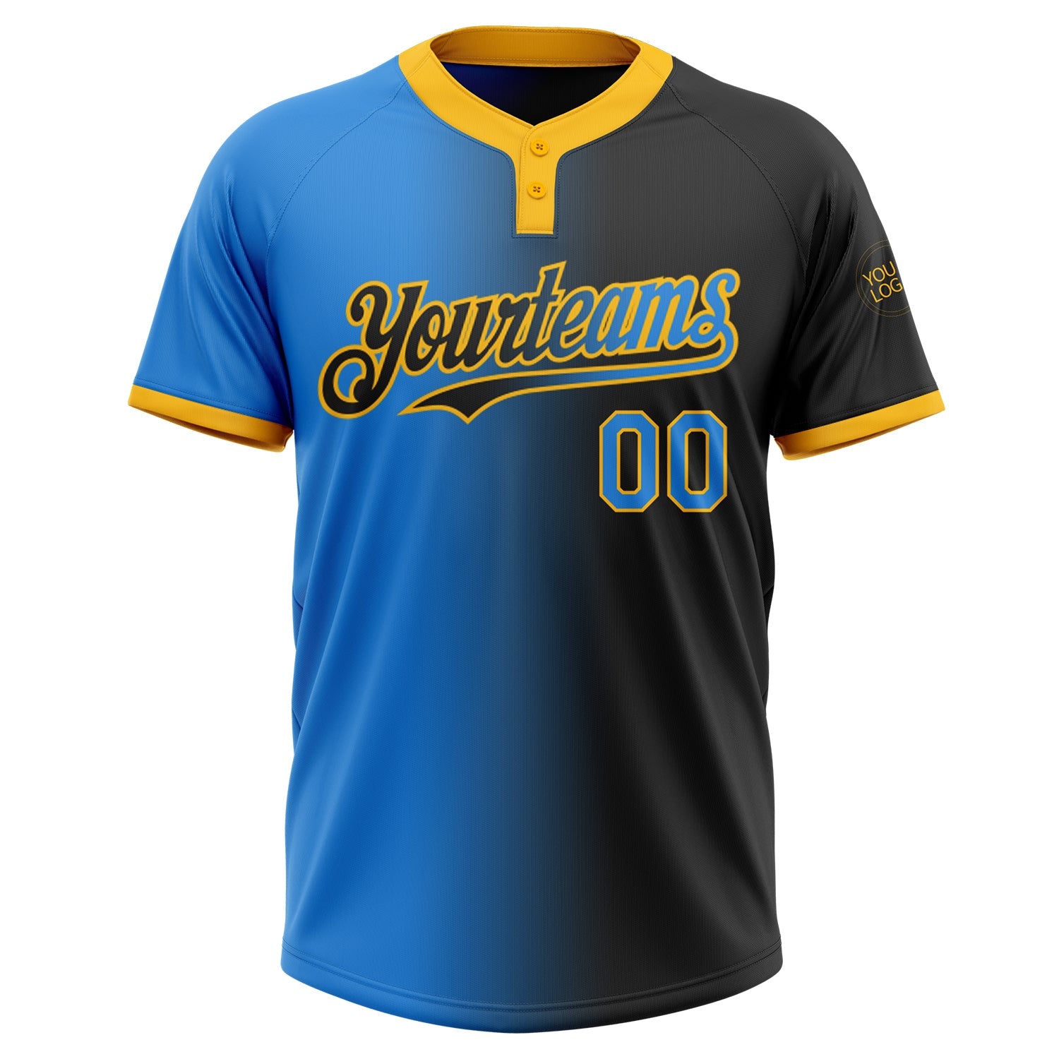 Custom Black Electric Blue-Gold Gradient Fashion Two-Button Unisex Softball Jersey view 2