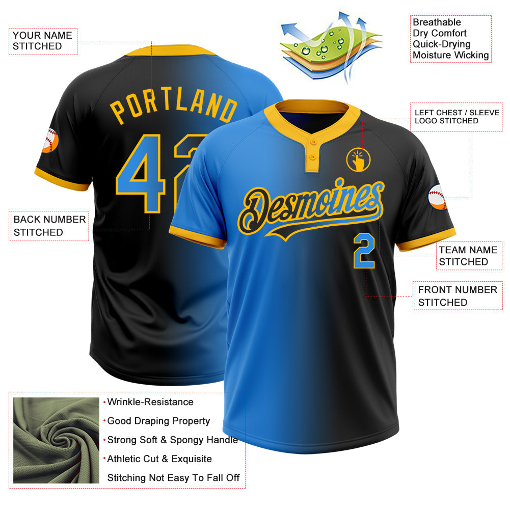 Custom Black Electric Blue-Gold Gradient Fashion Two-Button Unisex Softball Jersey view 3