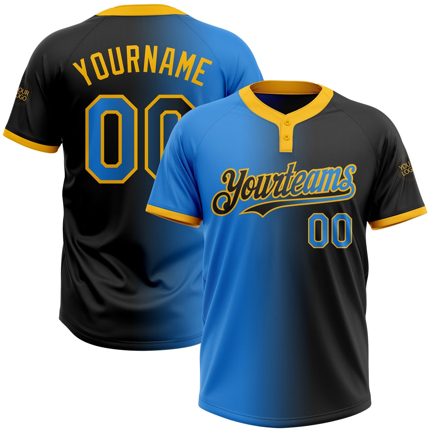Custom Black Electric Blue-Gold Gradient Fashion Two-Button Unisex Softball Jersey - Main View