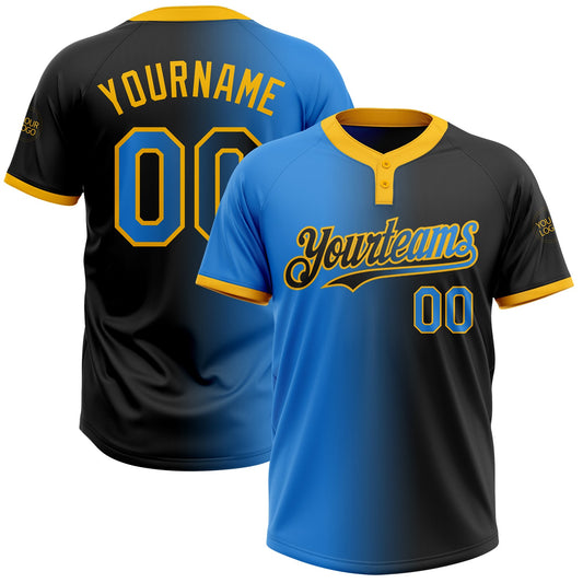 Custom Black Electric Blue-Gold Gradient Fashion Two-Button Unisex Softball Jersey - Main View