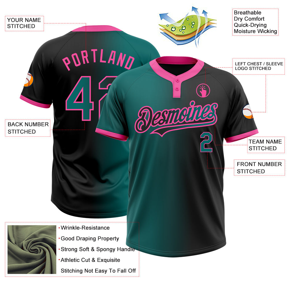 Custom Black Teal-Pink Gradient Fashion Two-Button Unisex Softball Jersey view 3