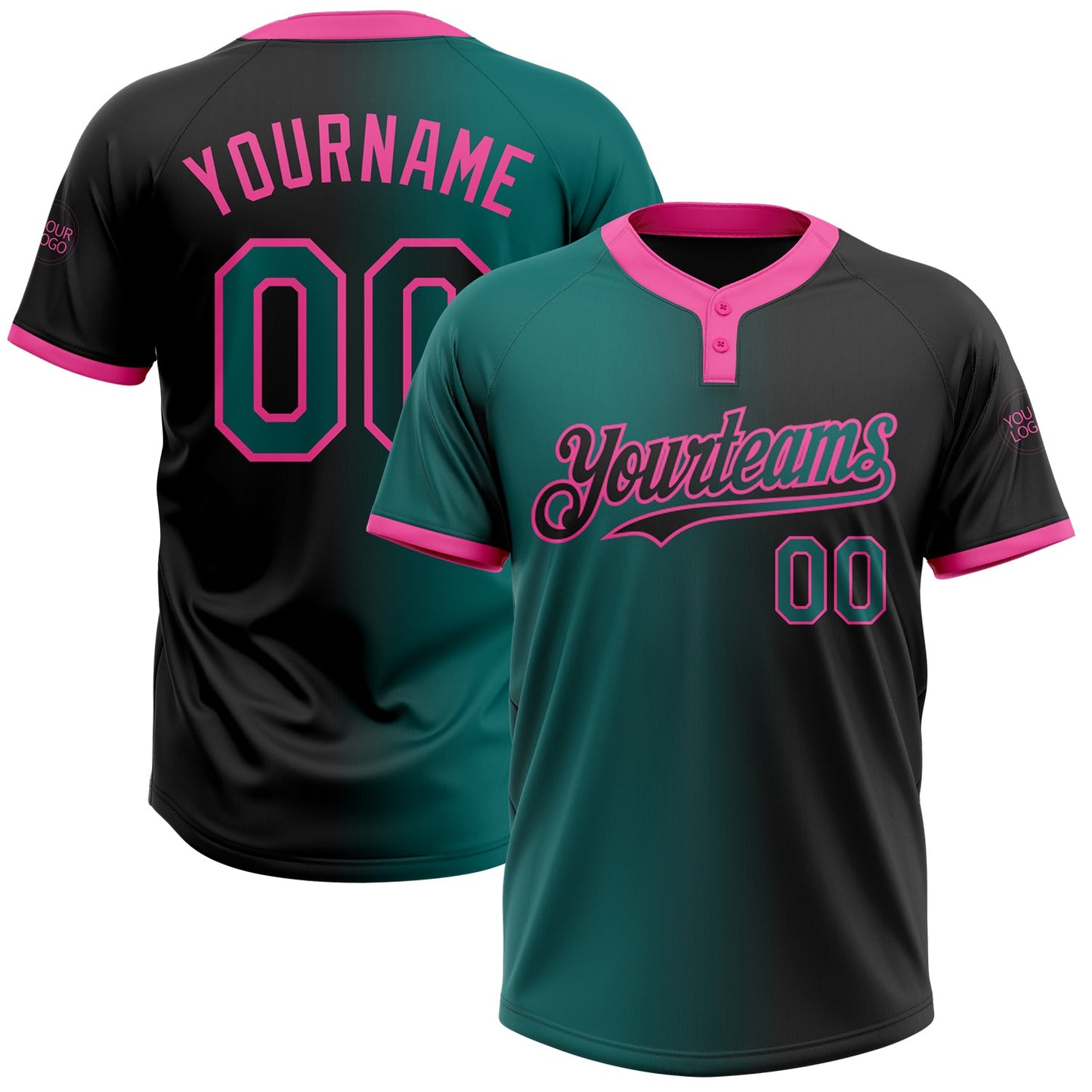 Custom Black Teal-Pink Gradient Fashion Two-Button Unisex Softball Jersey - Main View