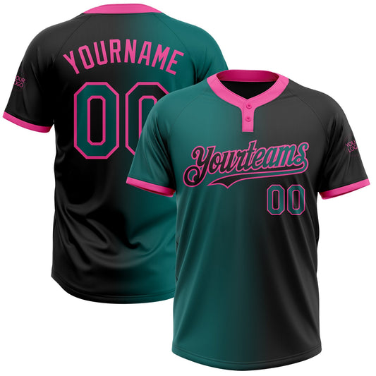 Custom Black Teal-Pink Gradient Fashion Two-Button Unisex Softball Jersey - Main View