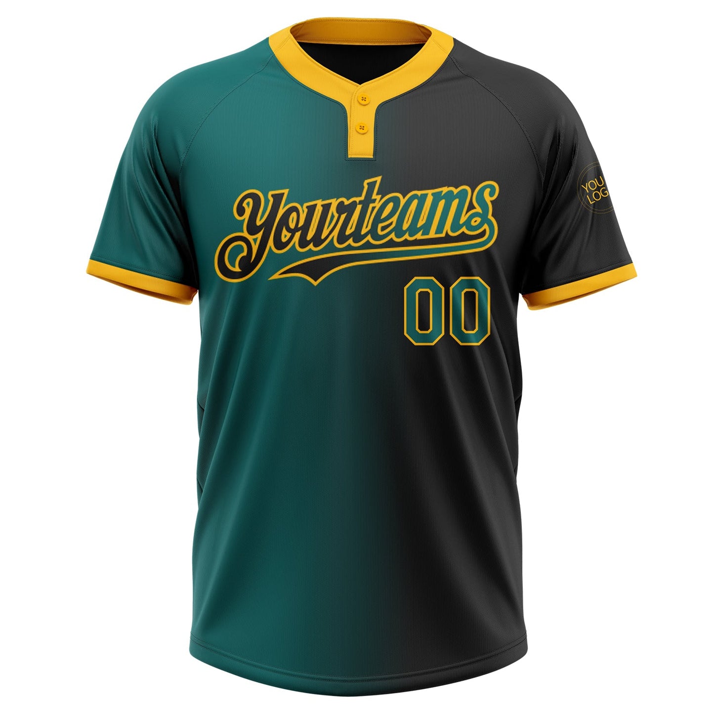 Custom Black Teal-Gold Gradient Fashion Two-Button Unisex Softball Jersey view 2