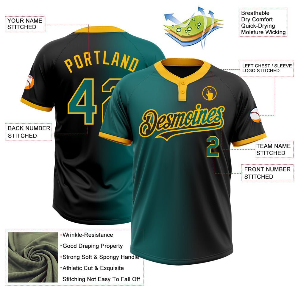 Custom Black Teal-Gold Gradient Fashion Two-Button Unisex Softball Jersey view 3