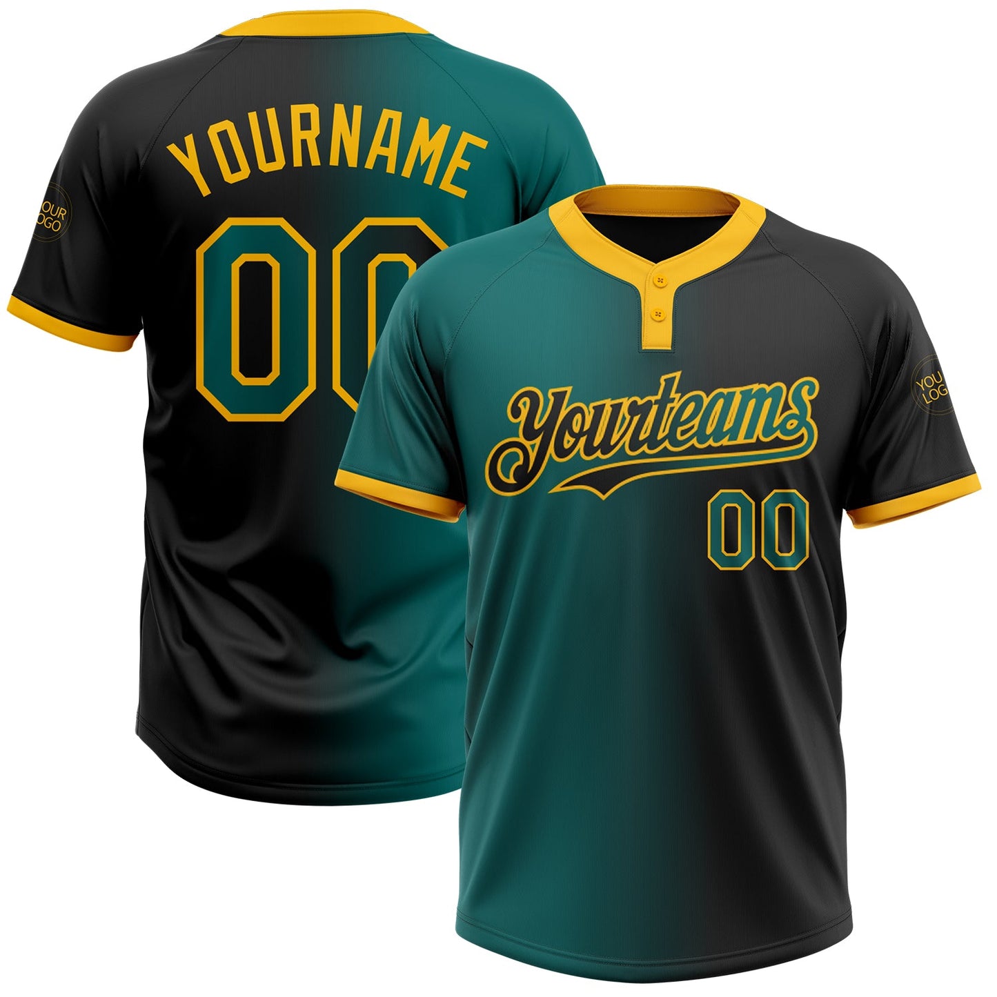 Custom Black Teal-Gold Gradient Fashion Two-Button Unisex Softball Jersey - Main View