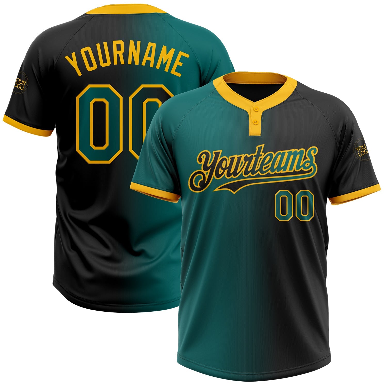 Custom Black Teal-Gold Gradient Fashion Two-Button Unisex Softball Jersey - Main View