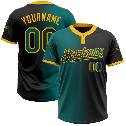 Custom Black Teal-Gold Gradient Fashion Two-Button Unisex Softball Jersey - Main View