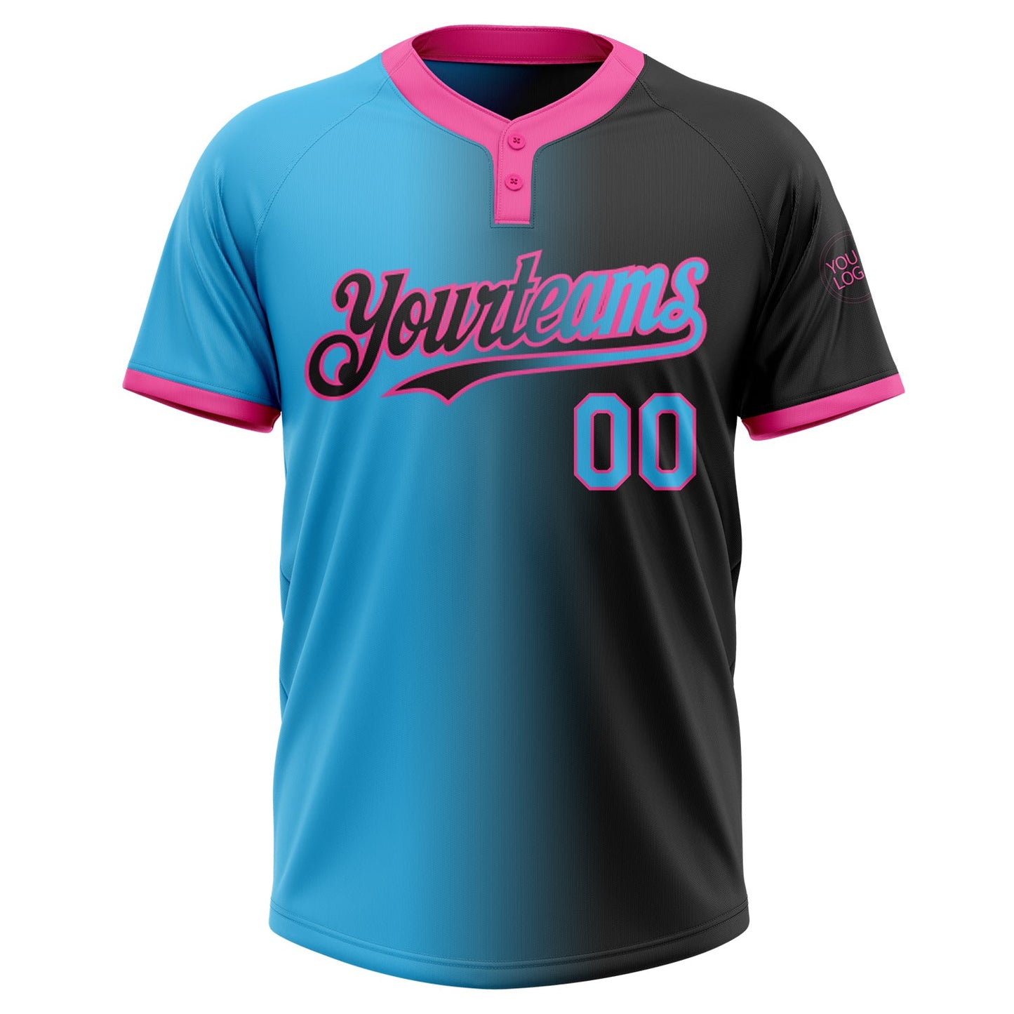 Custom Black Sky Blue-Pink Gradient Fashion Two-Button Unisex Softball Jersey view 2