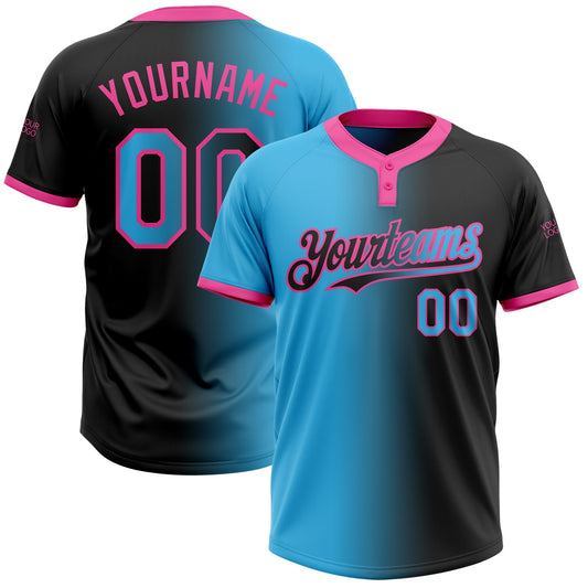 Custom Black Sky Blue-Pink Gradient Fashion Two-Button Unisex Softball Jersey - Main View