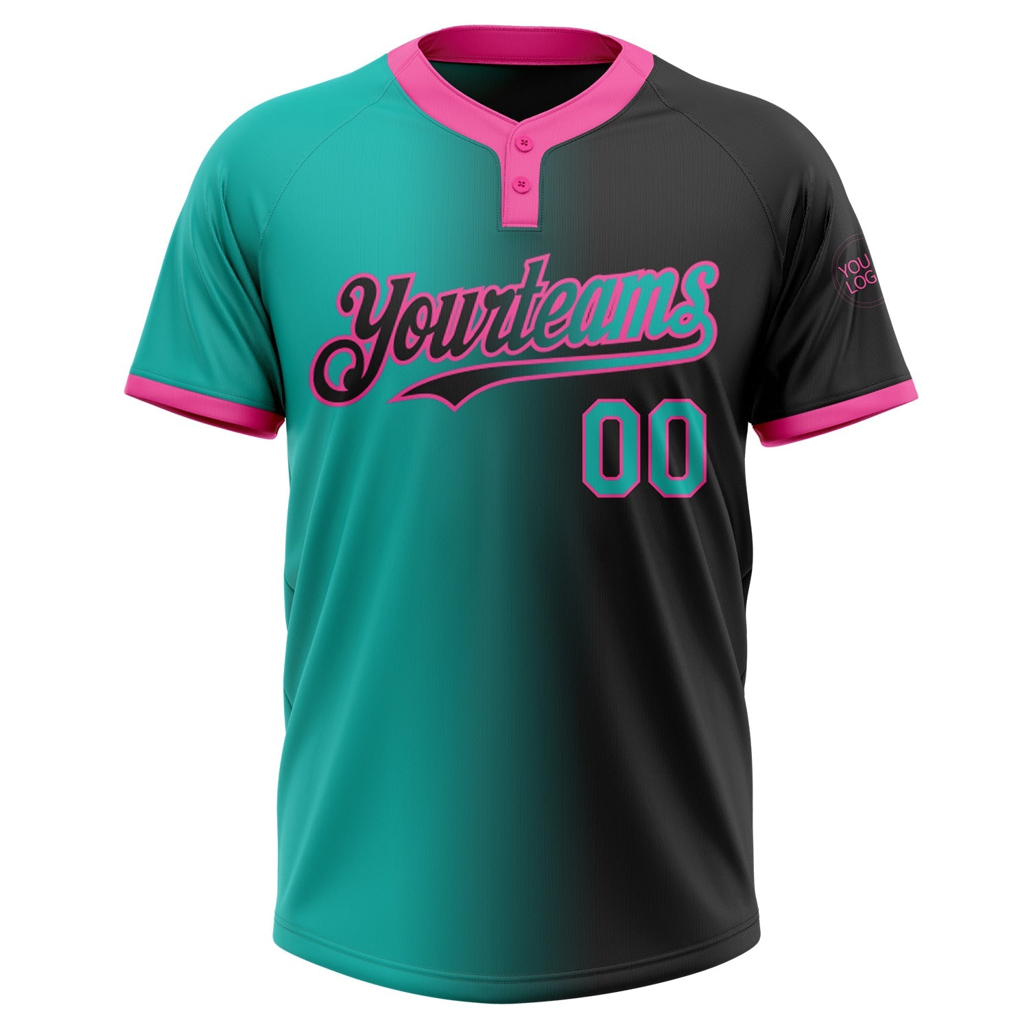 Custom Black Aqua-Pink Gradient Fashion Two-Button Unisex Softball Jersey view 2
