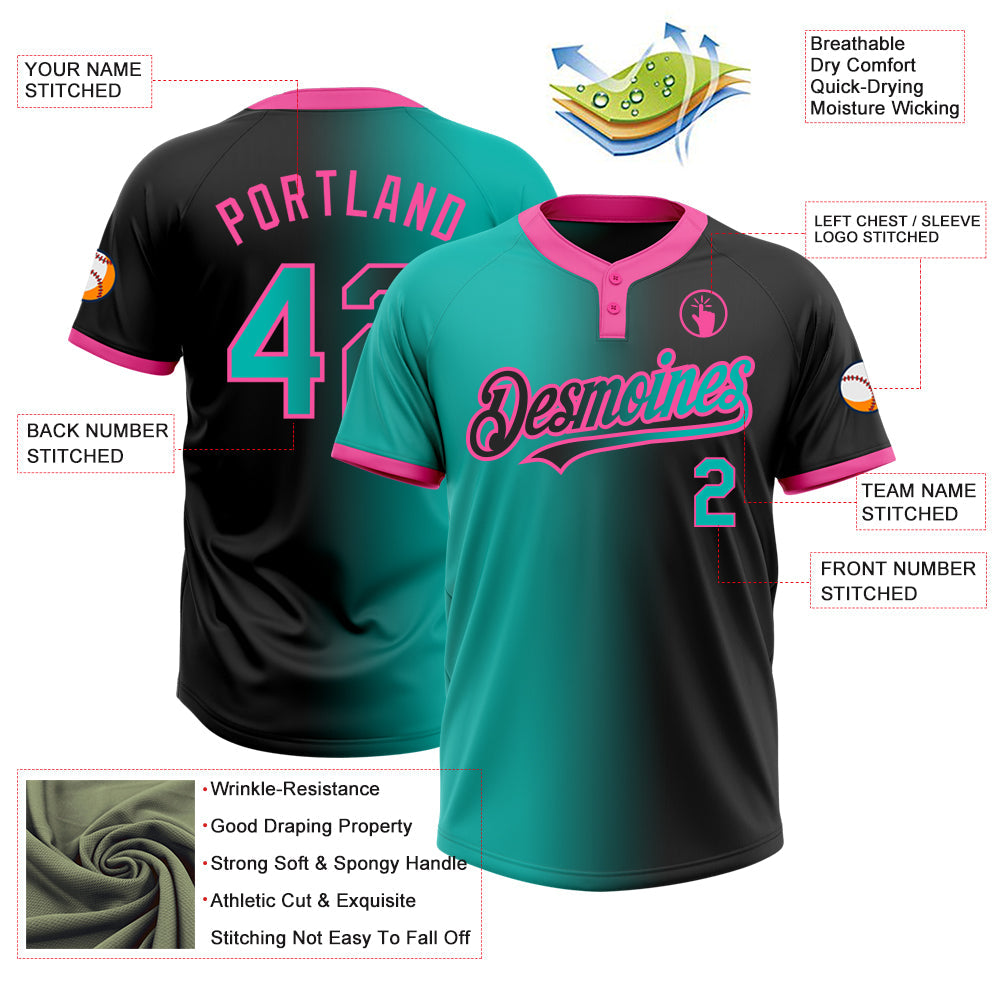 Custom Black Aqua-Pink Gradient Fashion Two-Button Unisex Softball Jersey view 3