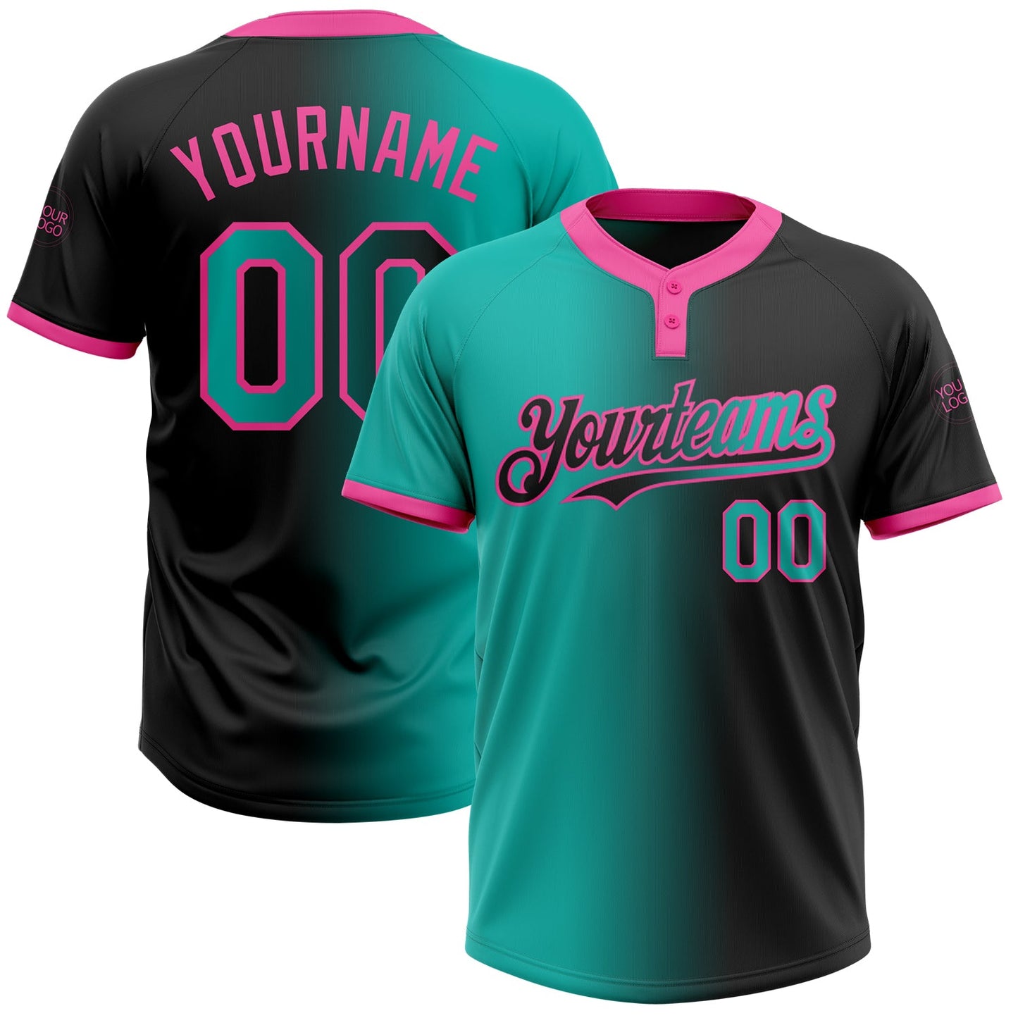 Custom Black Aqua-Pink Gradient Fashion Two-Button Unisex Softball Jersey - Main View