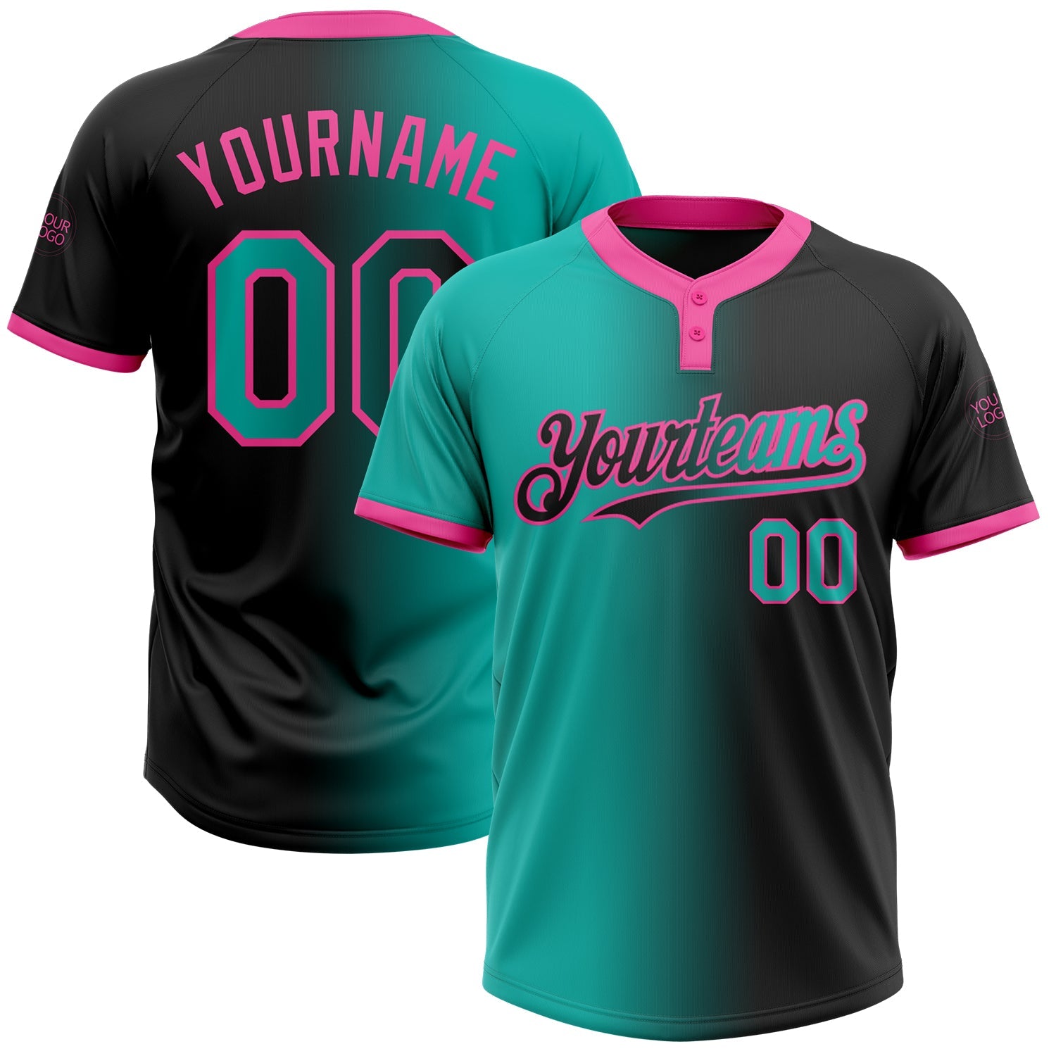 Custom Black Aqua-Pink Gradient Fashion Two-Button Unisex Softball Jersey - Main View