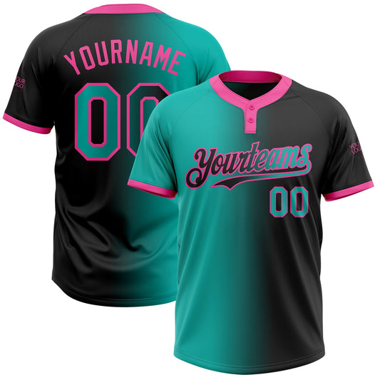 Custom Black Aqua-Pink Gradient Fashion Two-Button Unisex Softball Jersey - Main View