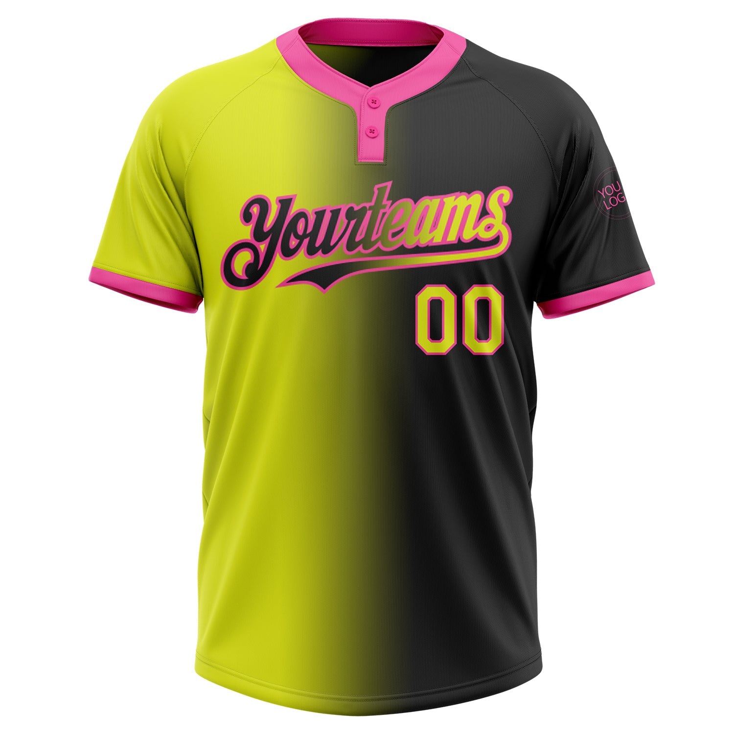 Custom Black Neon Yellow-Pink Gradient Fashion Two-Button Unisex Softball Jersey view 2