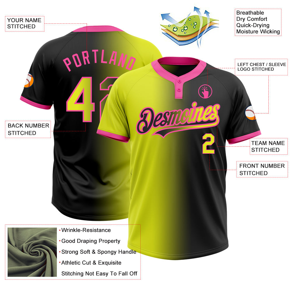 Custom Black Neon Yellow-Pink Gradient Fashion Two-Button Unisex Softball Jersey view 3