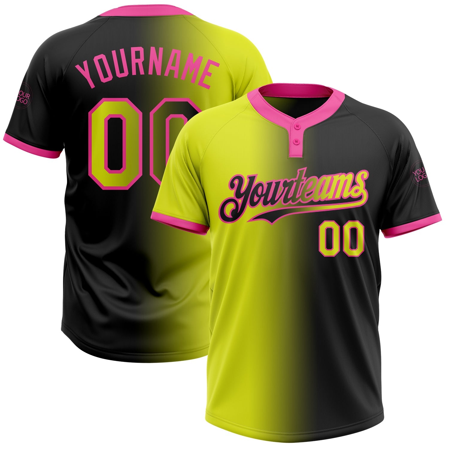 Custom Black Neon Yellow-Pink Gradient Fashion Two-Button Unisex Softball Jersey - Main View