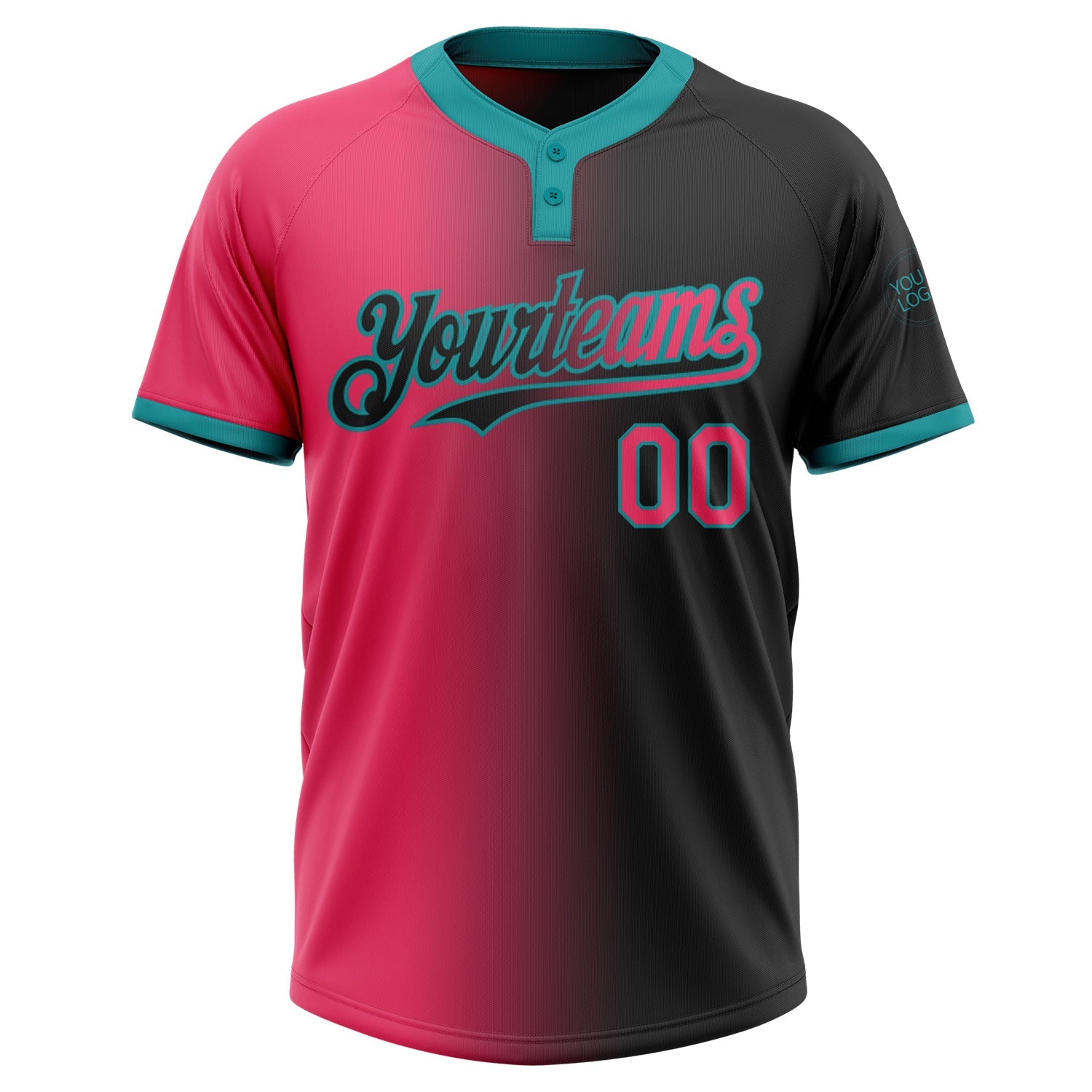 Custom Black Neon Pink-Teal Gradient Fashion Two-Button Unisex Softball Jersey view 2