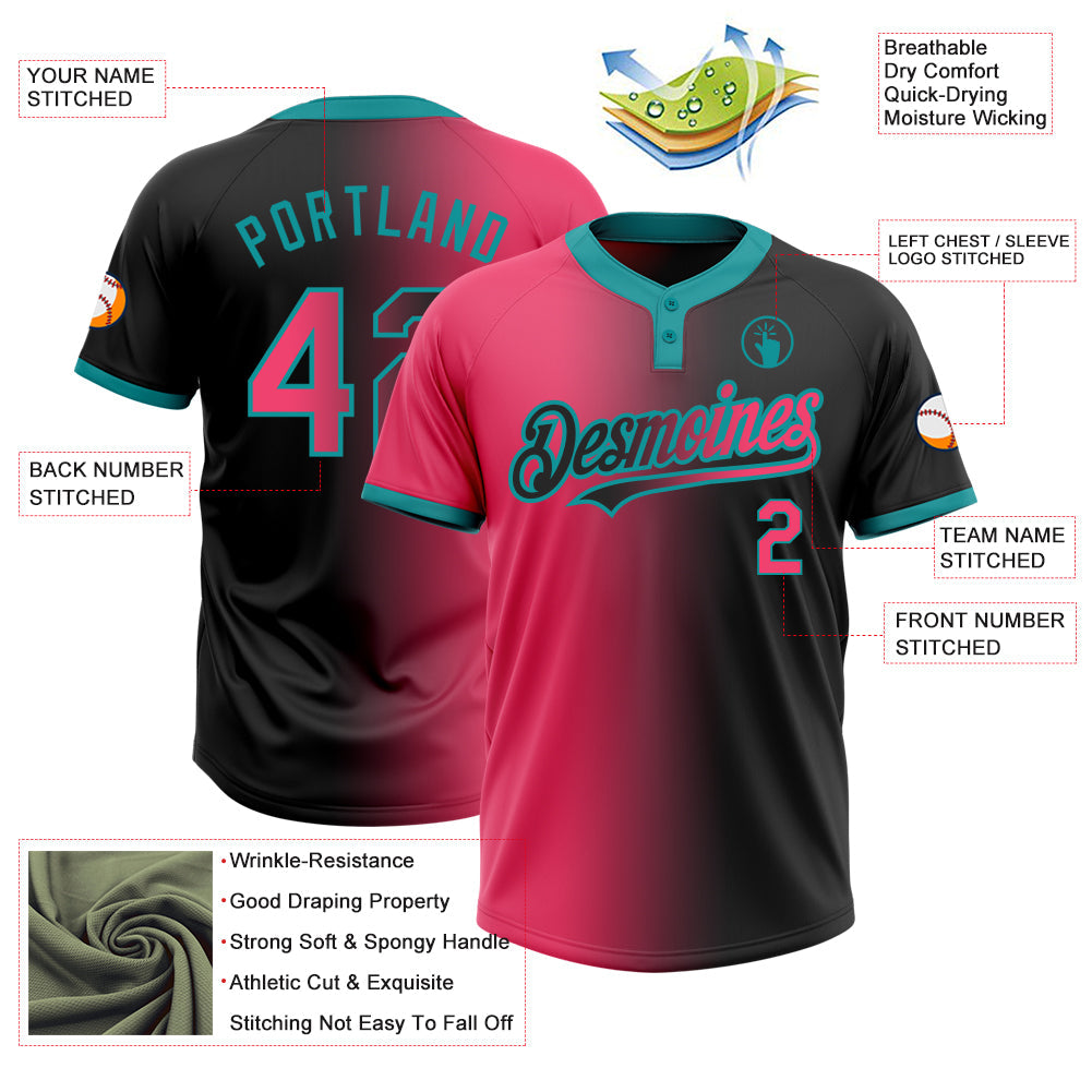 Custom Black Neon Pink-Teal Gradient Fashion Two-Button Unisex Softball Jersey view 3