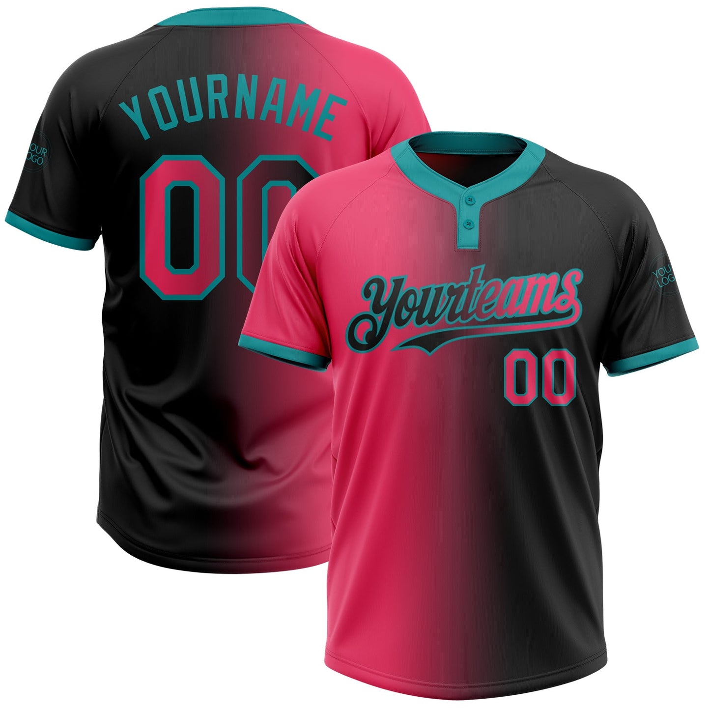 Custom Black Neon Pink-Teal Gradient Fashion Two-Button Unisex Softball Jersey - Main View