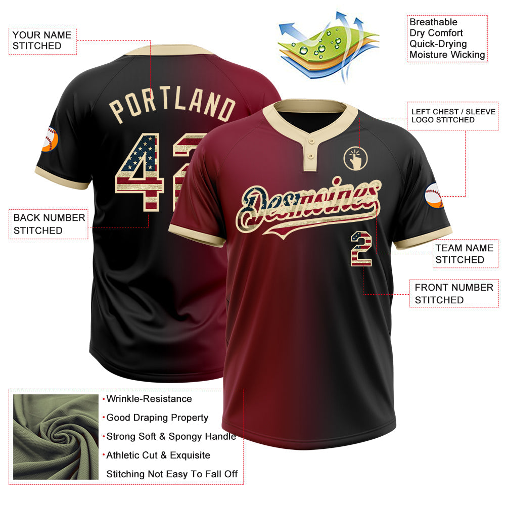 Custom Black Vintage USA Flag Crimson-City Cream Gradient Fashion Two-Button Unisex Softball Jersey view 3