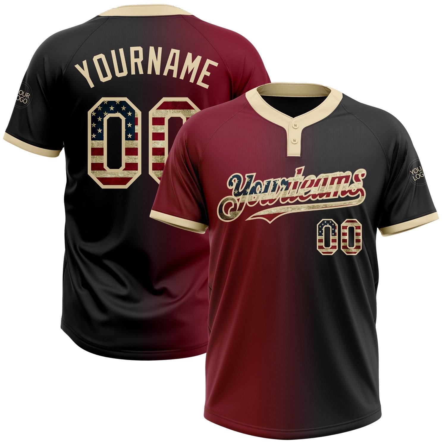Custom Black Vintage USA Flag Crimson-City Cream Gradient Fashion Two-Button Unisex Softball Jersey - Main View