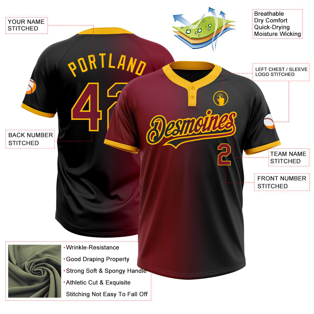 Custom Black Crimson-Gold Gradient Fashion Two-Button Unisex Softball Jersey view 3