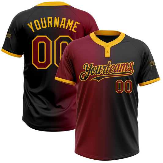 Custom Black Crimson-Gold Gradient Fashion Two-Button Unisex Softball Jersey - Main View
