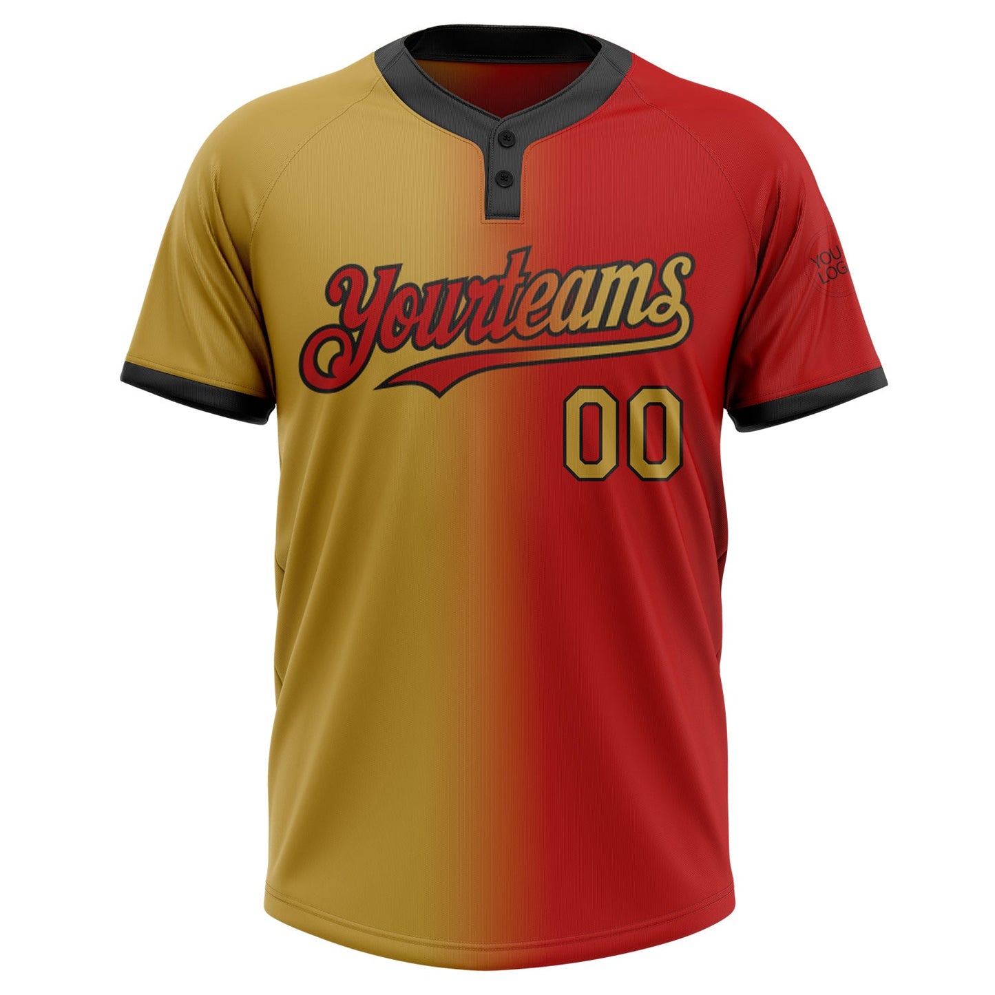 Custom Red Old Gold-Black Gradient Fashion Two-Button Unisex Softball Jersey view 2