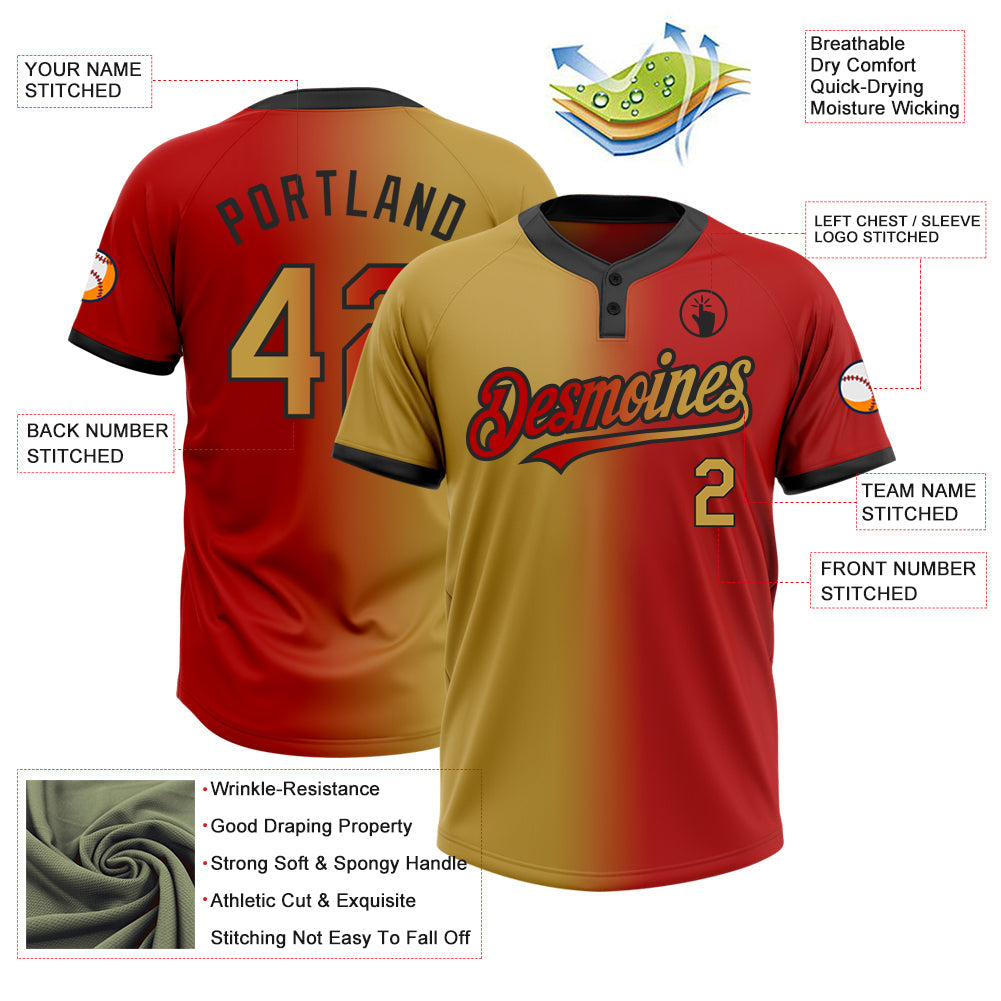 Custom Red Old Gold-Black Gradient Fashion Two-Button Unisex Softball Jersey view 3