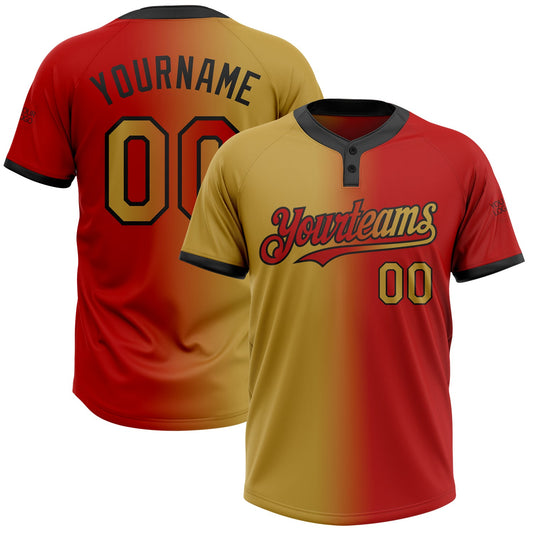 Custom Red Old Gold-Black Gradient Fashion Two-Button Unisex Softball Jersey - Main View