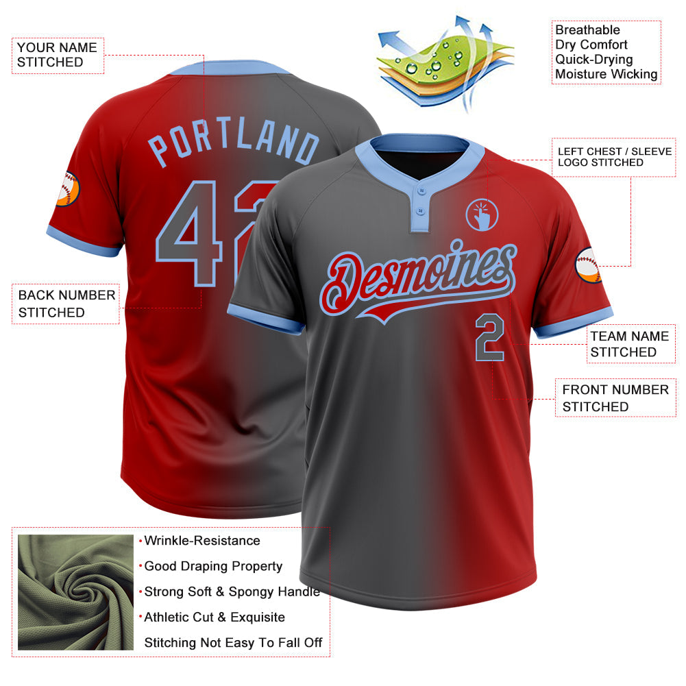 Custom Red Steel Gray-Light Blue Gradient Fashion Two-Button Unisex Softball Jersey view 3