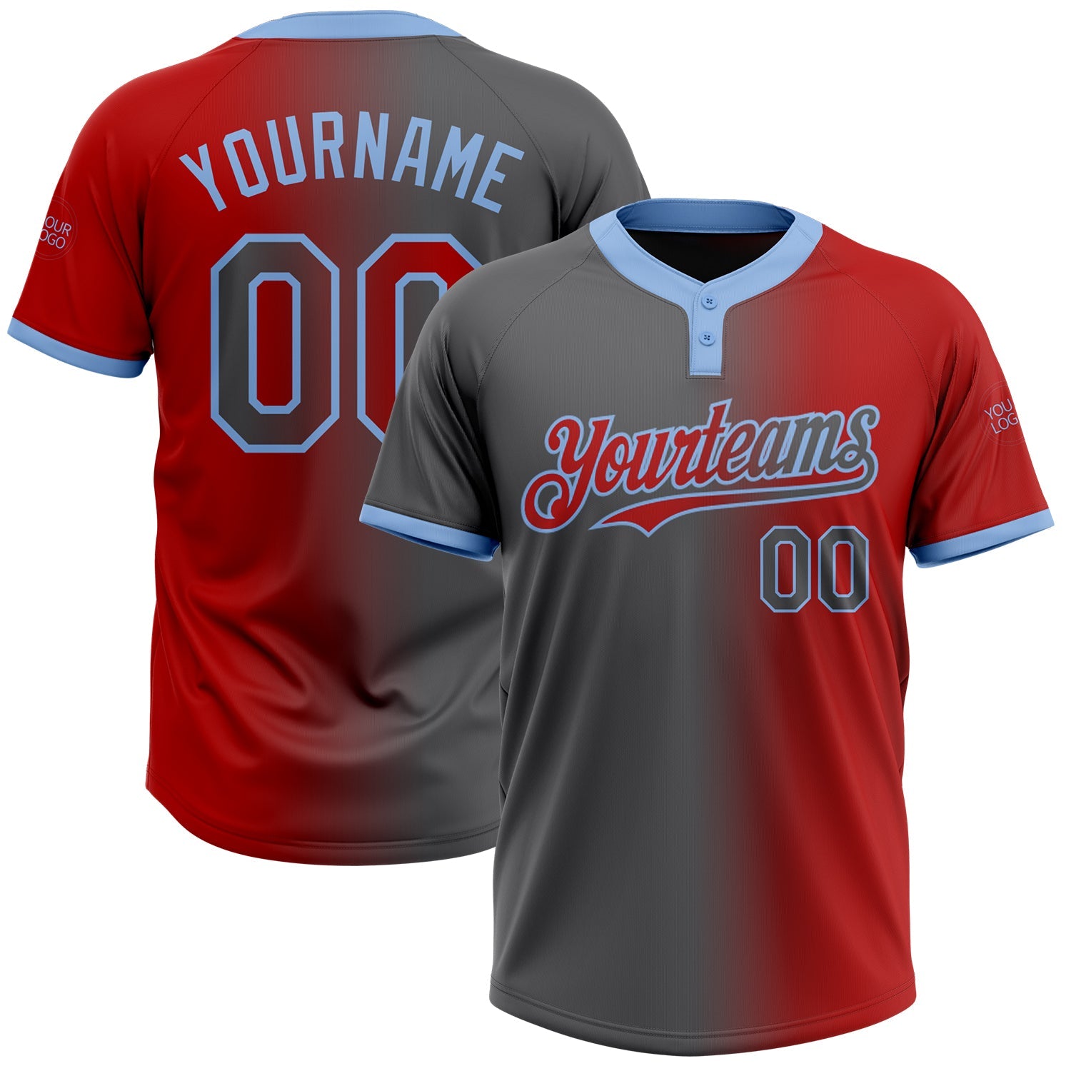 Custom Red Steel Gray-Light Blue Gradient Fashion Two-Button Unisex Softball Jersey - Main View