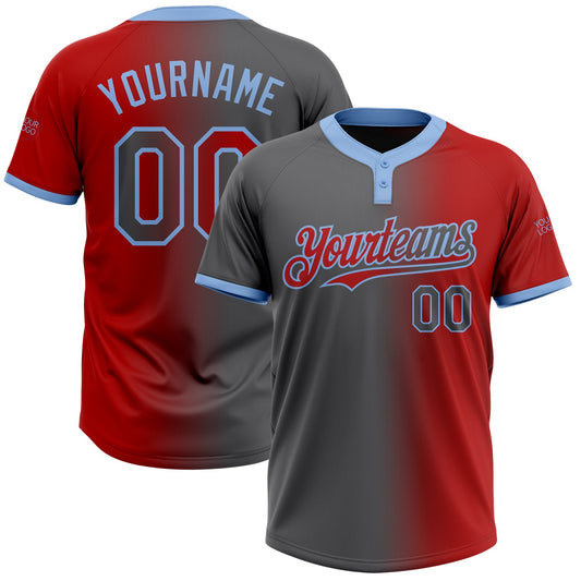 Custom Red Steel Gray-Light Blue Gradient Fashion Two-Button Unisex Softball Jersey - Main View