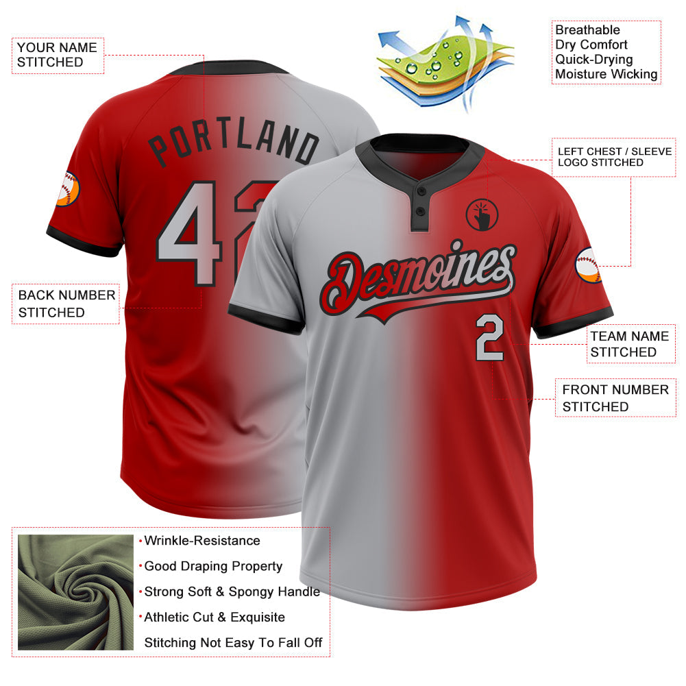 Custom Red Gray-Black Gradient Fashion Two-Button Unisex Softball Jersey view 3