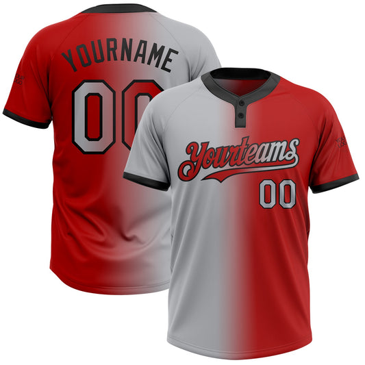 Custom Red Gray-Black Gradient Fashion Two-Button Unisex Softball Jersey - Main View