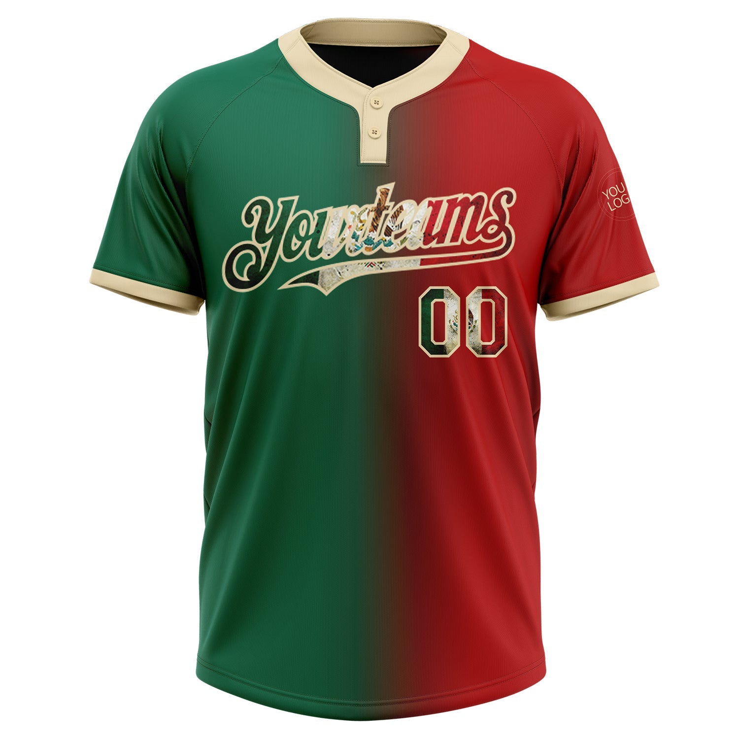 Custom Red Vintage Mexican Flag Kelly Green-City Cream Gradient Fashion Two-Button Unisex Softball Jersey view 2