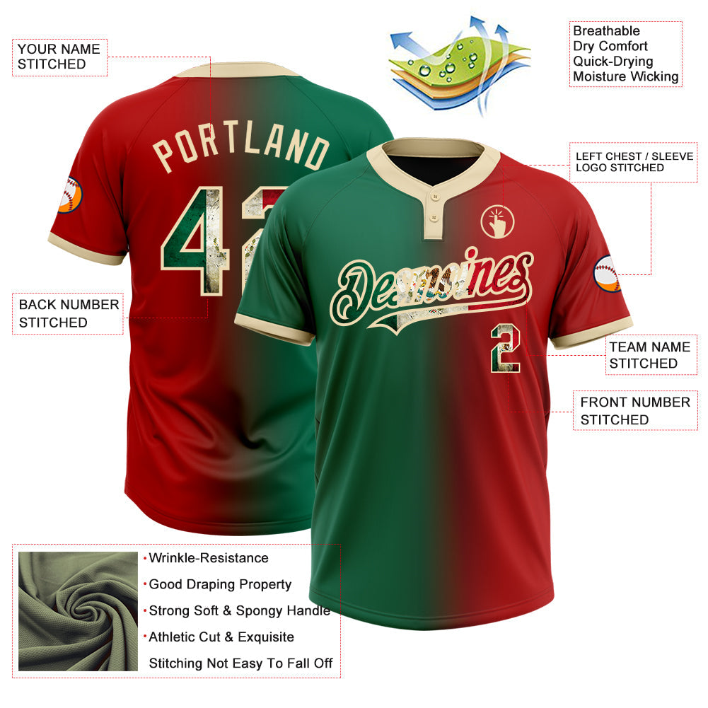 Custom Red Vintage Mexican Flag Kelly Green-City Cream Gradient Fashion Two-Button Unisex Softball Jersey view 3
